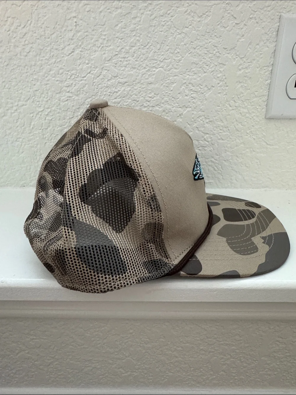 Beige Camo Fishing Trucker Hat with Blue Fish Patch